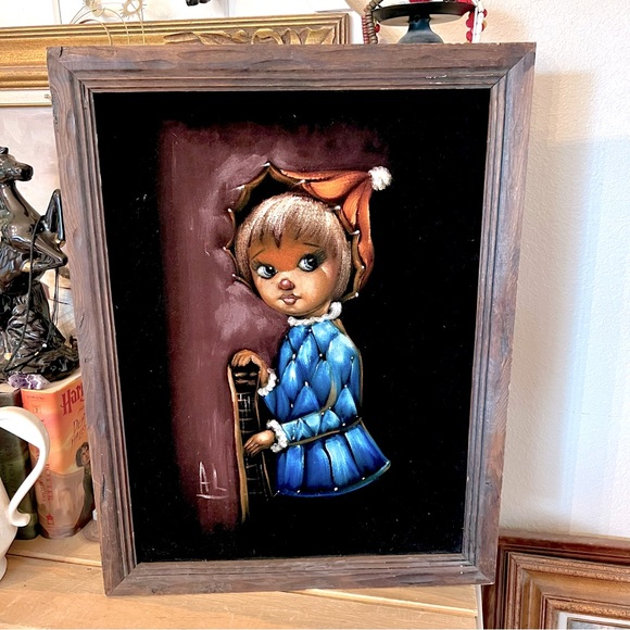 Vintage Mid Century Black Velvet Clown Jester Painting SIGNED Wood Frame